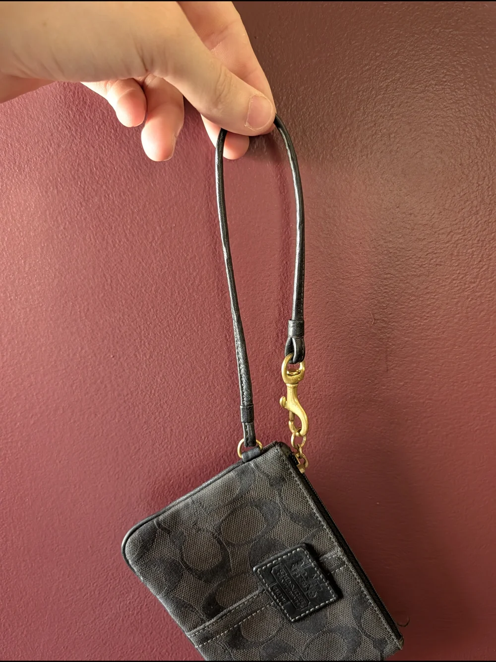 Coach Black Signature Monogram Wristlet Wallet with Gold Hardware w/ COA